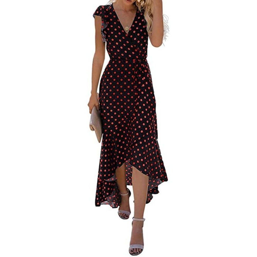 Red and Black Polka Dot Print Cross V-Neck Bohemian Flowy Long Maxi Wrap Dress